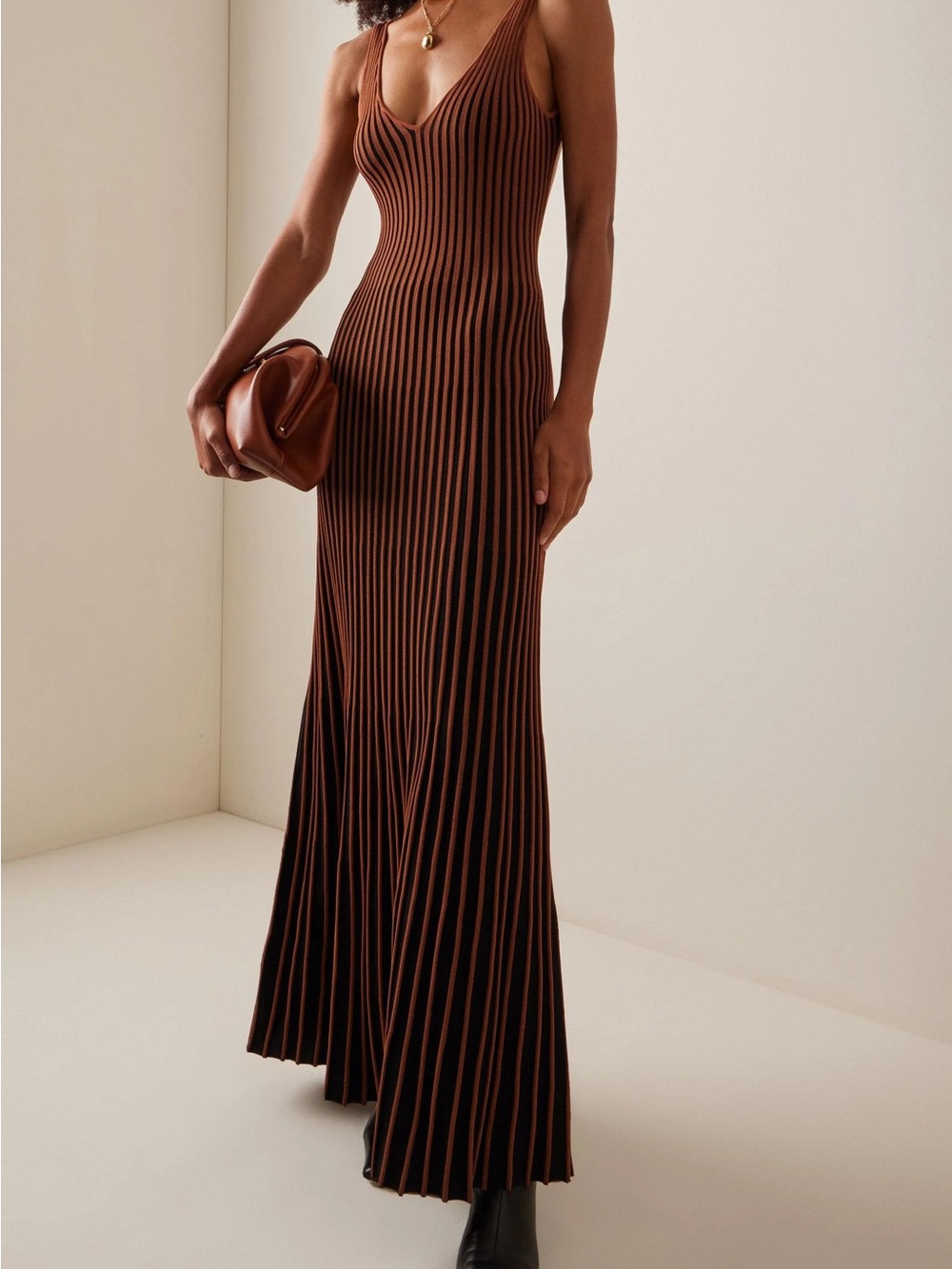 STAUD Brown Ribbed V-Neck Maxi Dress